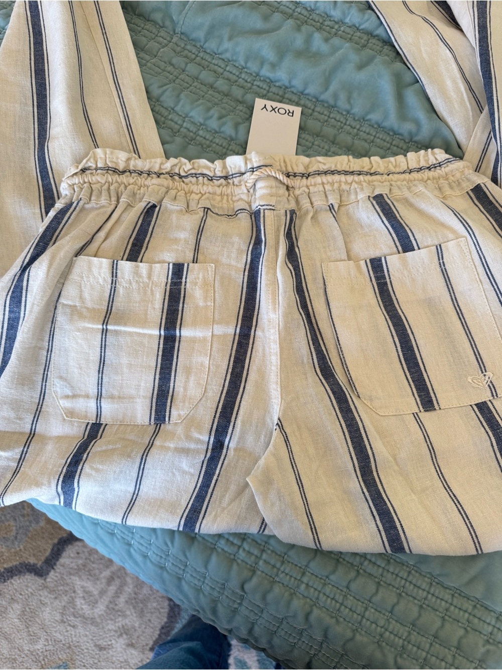 Roxy, Drawstring Linen Pants - Striped Blue on Cream, Size Large New w/ Tags - Picture 2 of 4